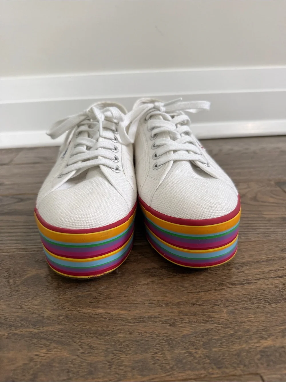 Superga White Canvas Platform Sneakers with Rainbow Stripe Sole